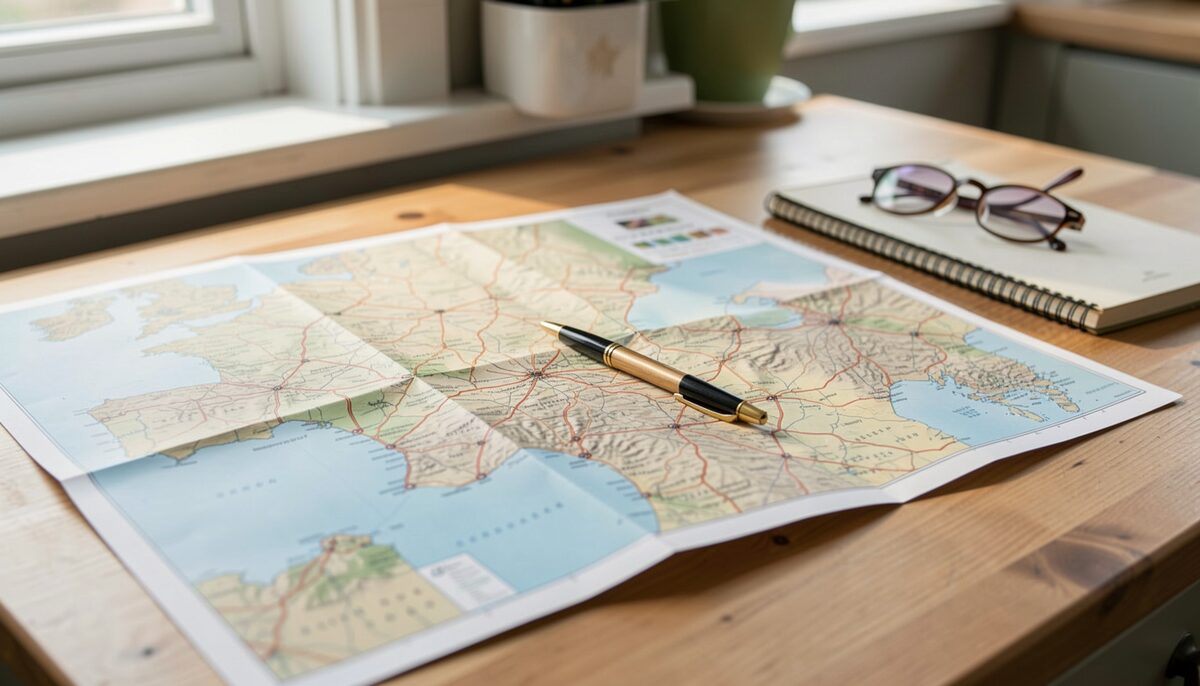 A folded regional map spread on a kitchen table with a pen, notebook and reading glasses resting on it
