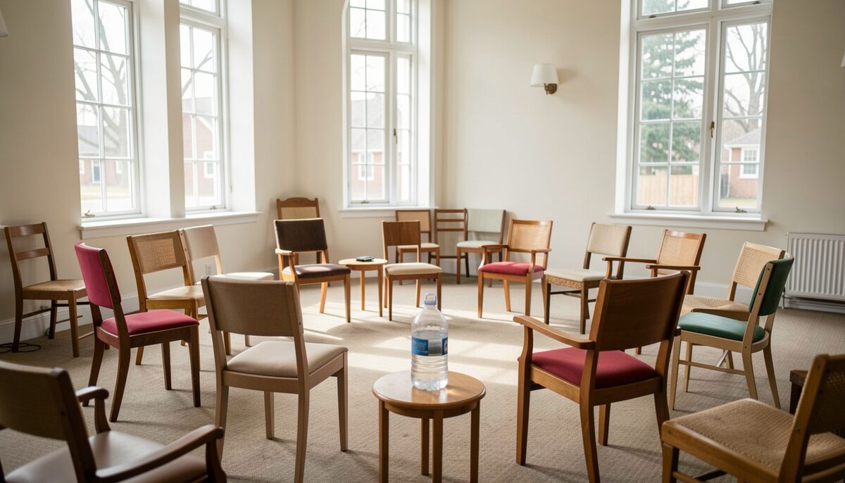 A community hall with a circle of mismatched chairs, a water jug on a side table, and daylight coming through tall windows