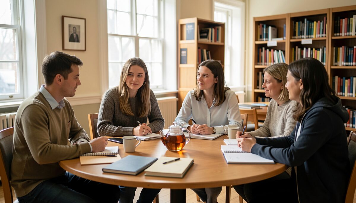 A small group seated around a round table in a library meeting room, notebooks and a tea pot on the table